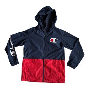 Champion Light Jacket Logo Hooded Full Zip Boys Size Medium Rain Colorblock Navy